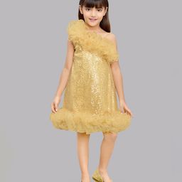 PinkChick Sleeveless Ruffled Neckline & Hem Detailed With Swirl Designed Sequin Embellished A Line Dress - Golden-image-91
