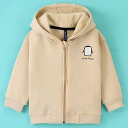 Little Kangaroos Full Sleeves Drop Shoulder Penguin Printed Hooded Sweat Jacket - Beige-image-3