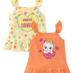 Babyoye Eco Conscious Cotton Frilled Sleeveless Tops with Kitten Print Pack of 2 -  Yellow & Orange-image-53
