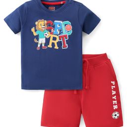 Babyhug Cotton Knit Half Sleeves T-Shirt & Shorts Set With Lion Print - Blue & Red-image-7