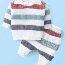 Babyhug Cotton Knit Full Sleeves Striped Pullover Sweater Set With Cap - White-picture-25