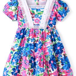 Babyhug Rayon Woven Half Sleeves Frock with Floral Print & Lace Detailing- Multicolour-image-89