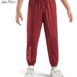 Arias Terry Knit Full Length Joggers With Text Print -Dark Red-image-36