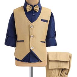 Rikidoos Full Sleeves Solid Shirt With Textured Waistcoat Pant & Bow Set - Khaki & Navy Blue-image-77