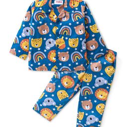 Babyhug Cotton Woven Full Sleeves Front Open Collared Night Suit Bear Print - Blue-image-91