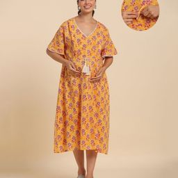 Ikk Kudi by Seerat Cotton Half Sleeves Floral  Printed Dress With Concealed Zipper Nursing Access - Yellow-image-83