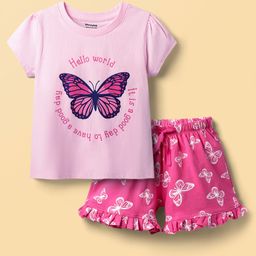 Honeyhap Premium 100% Cotton Knit Half Sleeves Shorts Night Suit with Bio Finish & Butterfly Print - Tender Touch & Azealea Pink-image-7