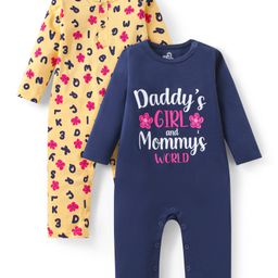 Doodle Poodle 100% Cotton Knit Full Sleeves Rompers with Text & Floral Print Pack of 2 - Navy Blue & Yellow-image-98