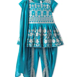 Babyhug Woven Half Sleeves Floral Embroidered Kurta & Dhoti Set with Dupatta - Teal Blue-picture-41