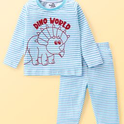 Doodle Poodle Single Jersey Knit Striped Night Suit With Dino Print - White-image-69