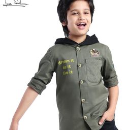 Arias Cotton Twill Knit Full Sleeves Knit Hooded Front Button Shacket With Badge - Olive-image-78