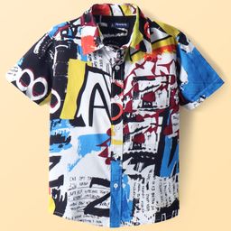 Pine Kids Woven Half Sleeves Text Printed Shirt - Blue & Black-image-107