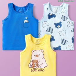Babyoye Cotton Elastane Knit Sleeveless Vests With Bear Print Pack Of 3 - Yellow Blue & Light Blue-image-31