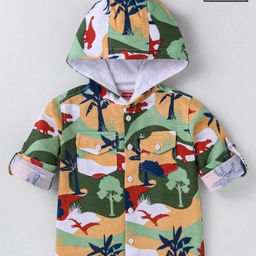 Babyhug Cotton Knit Full Sleeves Hooded Shirt With Dinosaurs Print - Peach & Green-image-9