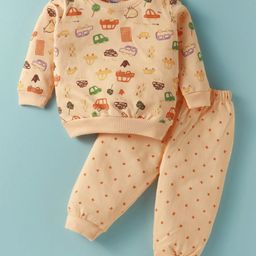 TANGO Looper Knit Full Sleeves T-Shirt & Lounge Pant Set With Car Print - Cream-image-29