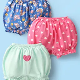 Babyoye Cotton Elastane Knit Heart & Rainbow Printed Bloomers Pack of 3 - Pink Sea Green & Blue-picture-21
