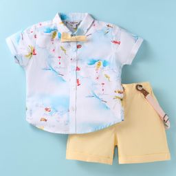 ToffyHouse Poplin Woven Half Sleeves Beach Theme Printed Shirt & Shorts With Bow & Suspender - Off White-image-91