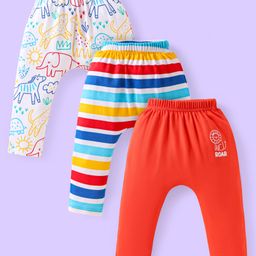 Babyhug Cotton Knit Full Length Diaper Leggings With Stripes & Animal Print Pack Of 3 - Red & Yellow-image-55