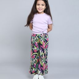 Taffykids Half Sleeves Cut Out Detailed Crop Top With Floral Printed Pant Set - Lilac & Multi Colour-image-82