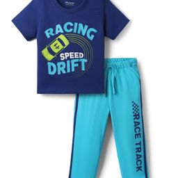 Honeyhap Premium 100% Cotton Knit Half Sleeves Night Suit with Bio Finish & Racing Speed Drift Text Print - Limoges & Scuba Blue-image-46