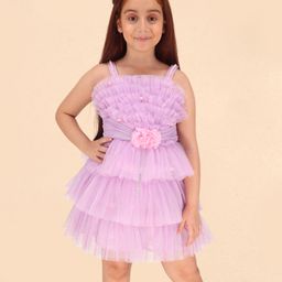Cutecumber Net Sleeveless Floral Applique Detailed Shimmered Pearls Embellished Layered Dress - Purple-image-32