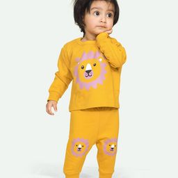 Ariel Pure Cotton Full Sleeves Lion Printed Tee With Coordinating Pajama Set - Mustard-18