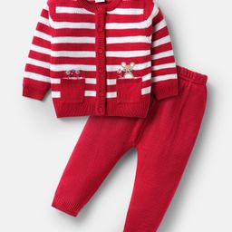 Babyhug Knitted Full Sleeves Front Open Sweater Set with Stripes - White & Red-image-27