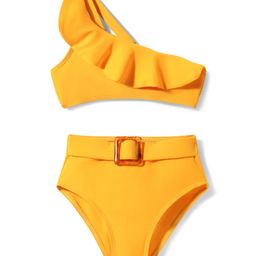 KIDLINGSS One Shoulder Solid Ruffle Detailed Buckle Applique Detailed 2 Piece Swimsuit - Yellow-28