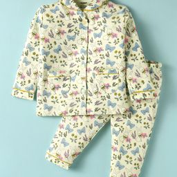 CUCUMBER Sinker Knit Full Sleeves Co-ords Night Suit With Floral & Bunny Print - Light Green-image-79