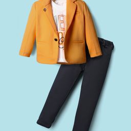 Rikidoos Full Sleeves Textured Blazer With New York City Text Printed Tee & Pant Set - Orange & Navy Blue-image-69