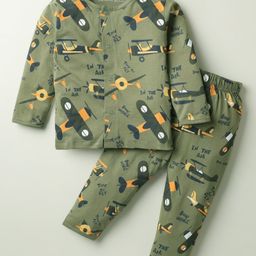 Doreme Cotton Knit Full Sleeves Co-Ord Night Suit With Aero Plane Print - Green-image-27