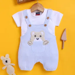 Jb Club Cotton Knit Teddy Bear Patch Embroidered Dungaree With Half Sleeves Tee Set - Blue-picture-24