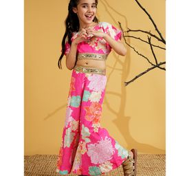 AJ Dezines Cotton Blend Woven Half Sleeves Floral Printed Mirror Work Detailed Top & Palazzo Set - Pink-image-43