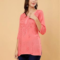 Dyed Short Rayon Lucknowi Chikankari Kurti for Women - Soft & Breathable-image-84