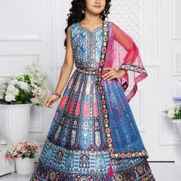 NKV Girls Printed Mirror Work Lehenga With Blouse & Dupatta-52