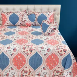 Luxmi Cotton Fabrics White & Blue Floral Polycotton 5 Piece Double Queen Superfine Bedding Set-43