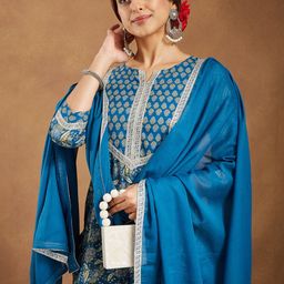 Janasya Women Ethnic Motifs Printed Pure Cotton Kurta with Trouser & Dupatta-picture-33