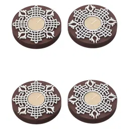 eCraftIndia Brown & White 4 Pieces Textured Wooden Tea Light Candle Holders-5