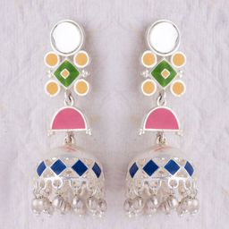 Voylla Bandhej Silver-Toned & Blue Dome-Shaped Jhumka Earrings-image-6