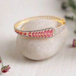 Aatmana Gold-Plated American Diamond And Ruby Studded Leaf Patterned Bracelet-9