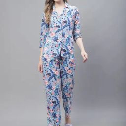 TAG 7 Blue Cotton Floral Print Shirt Pyjama Set-image-21