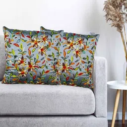 Vinayaka Fab Grey 2 Pieces Floral Embroidered Silk Square Shaped Cushion Covers-image-41