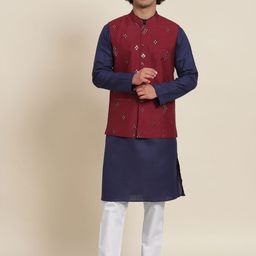 SOJANYA Men Navy Blue Pure Cotton Kurta with Pyjamas & Nehru Jacket-47