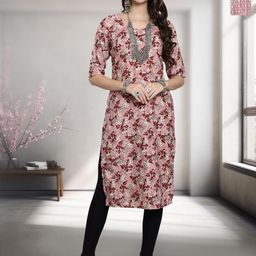 HERE&NOW Floral Printed Round Neck Straight Kurta-image-15