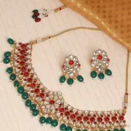 OOMPH Red & Green Kundan Stones Choker Necklace Set with Matching Drop Earrings-35