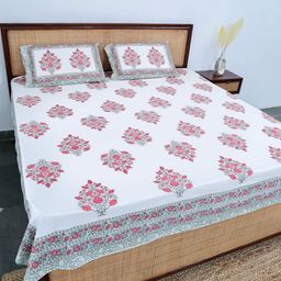 Plarsh Comfort White & Pink Floral 300 TC King Bedsheet with 2 Pillow Covers-image-38
