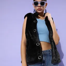 The Roadster Life Co. Women Black Tailored Sleeveless Jacket With Detachable Hood-image-40