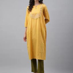 Janasya Yellow Cotton Printed Kurta-image-75