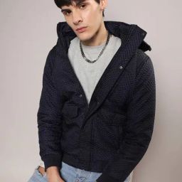 Campus Sutra Navy Regular Fit Self Design Hooded Jacket-23