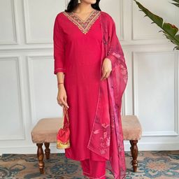 Shatanuvart Export Women Ethnic Motifs Yoke Design Regular Thread Work Kurta with Palazzos & With Dupatta image 5